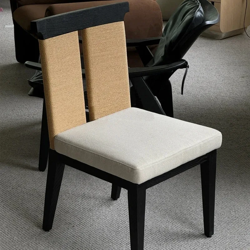 French retro rope chair home dining room soft bag solid wood chair wabi sandy wind hotel premium feeling back dining chair