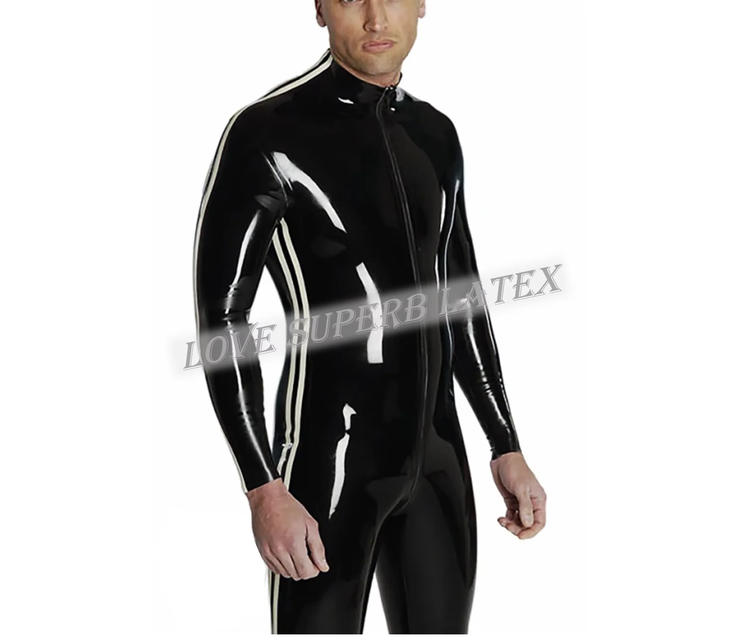 라텍스 Catsuit 고무 바디 슈트 슬리브와 사이드 스트라이프가있는 전면 가랑이 지퍼 흰색 트림 남성용 파티 착용 맞춤형