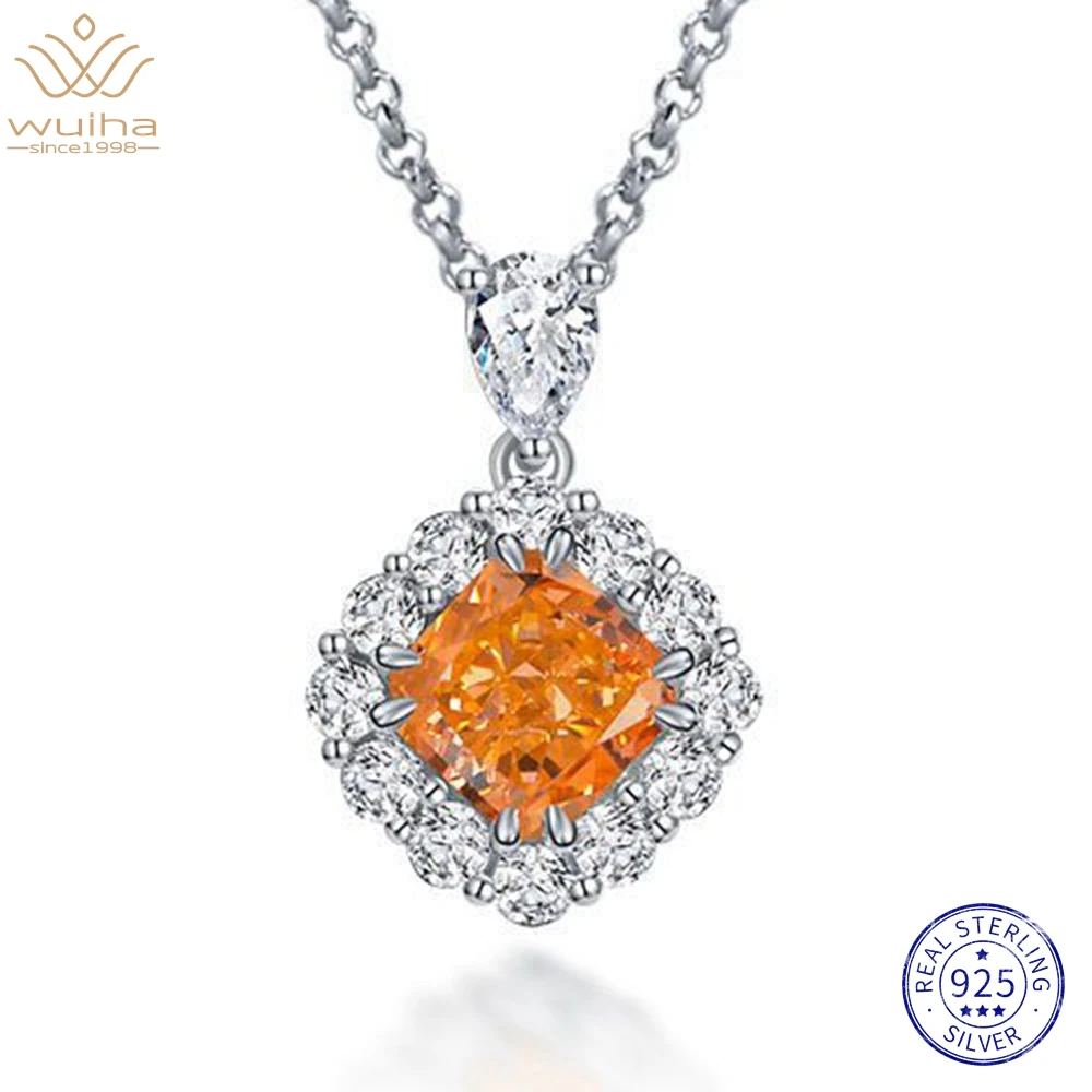 WUIHA Real 925 Sterling Silver VVS 7*7MM Fancy Vivid Orange Sapphire Created Moissanite Diamond Pendant Necklace for Women Gifts