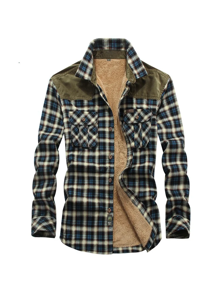 

Winter Thickened Flannel Men's Shirt Casual Plaid Long Sleeve Lamb Velvet Lined Stand Collar Coat Standard Fit Fashion Urban