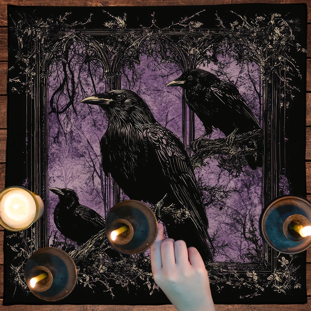 Witchcraft Black Raven Altar Cloth Tarot Tablecloth  Triple Moon Divination Cloth with Floral and Plants Witch Home Room Decor