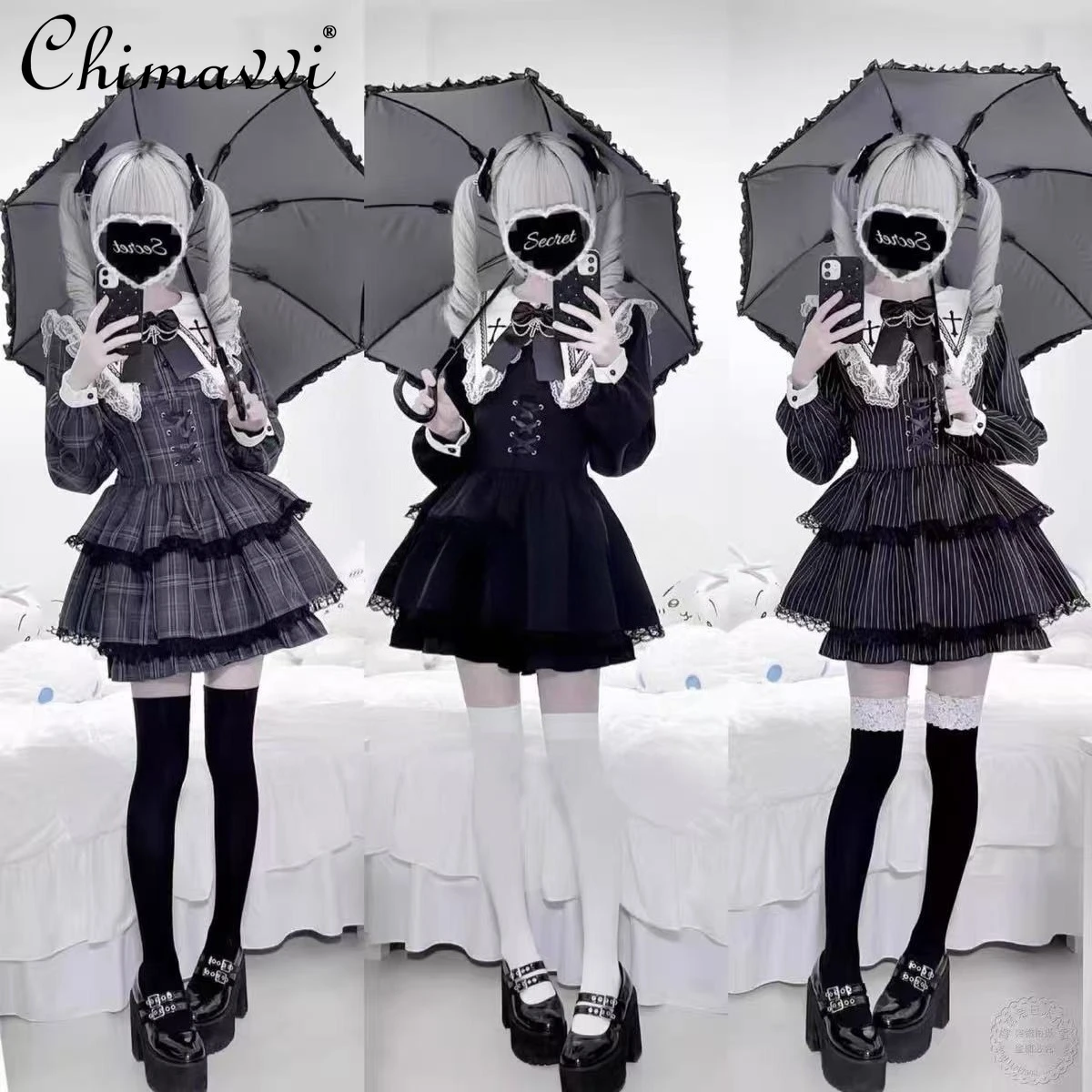 

Японский крутой комплект платьев для девочек массового производства, весенне-осенний новый кружевной лоскутный тонкий комплект с длинными рукавами и шортами, комплекты Лолиты для девочек