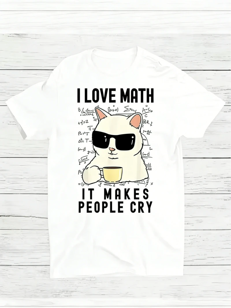 Women'S Graphic Print T-Shirt - I Love Math Funny Cat Design, Short Sleeve Crew Neck Casual Top for Spring & Summer