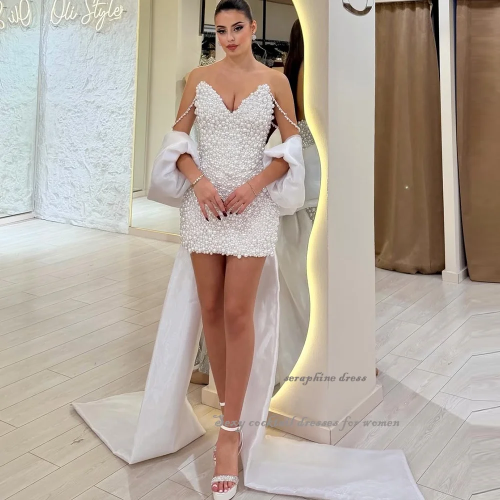 

Customized Sweetheart Neck Mini Dresses For Women Full Pearls-Embellished Party Dress with Bow Back Cute Luxury Birthday Dress