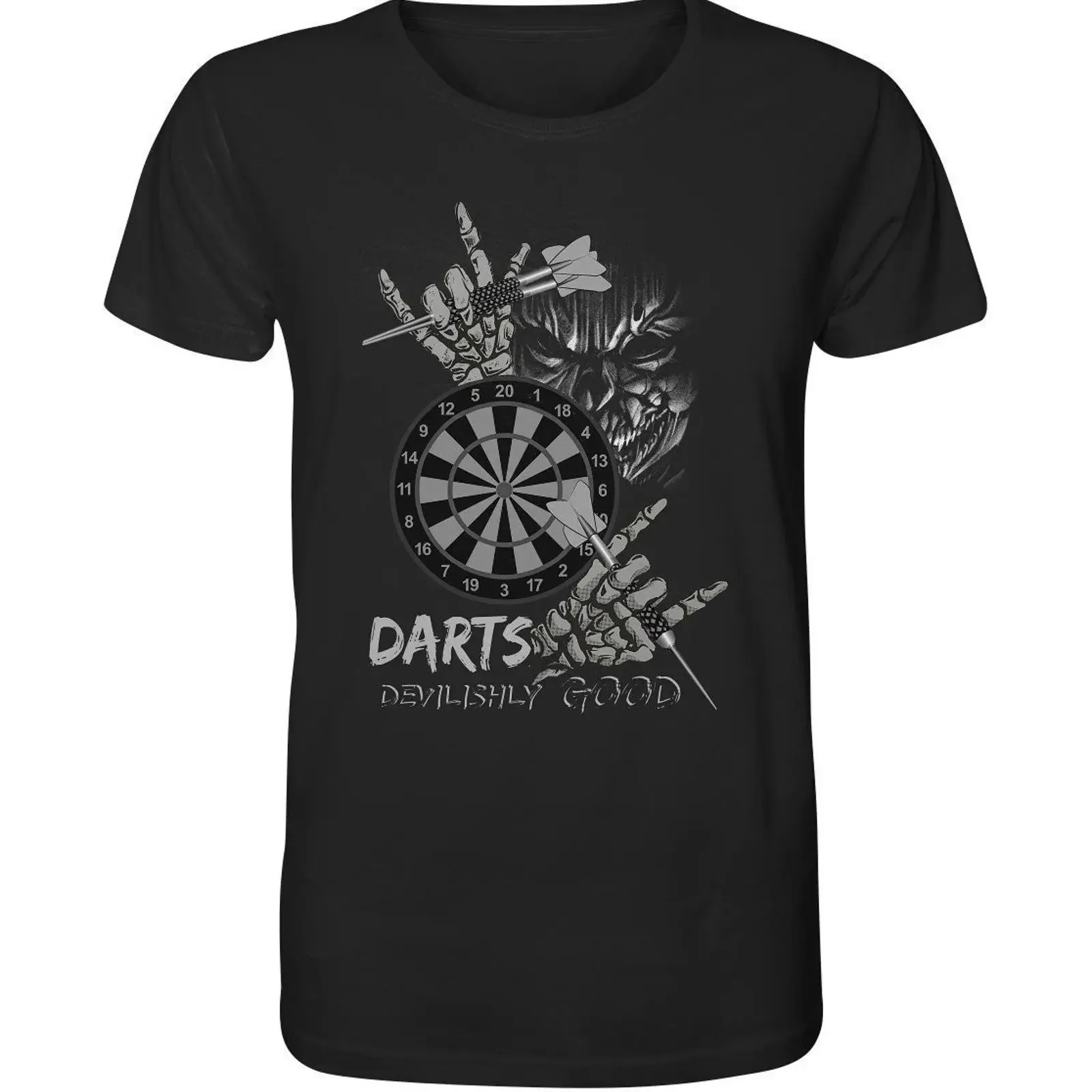 Devilishly Good Darts Gothic Devil Skull Dartboard Print T Shirt Men's Dark Style Casual  vintage Washed Soft