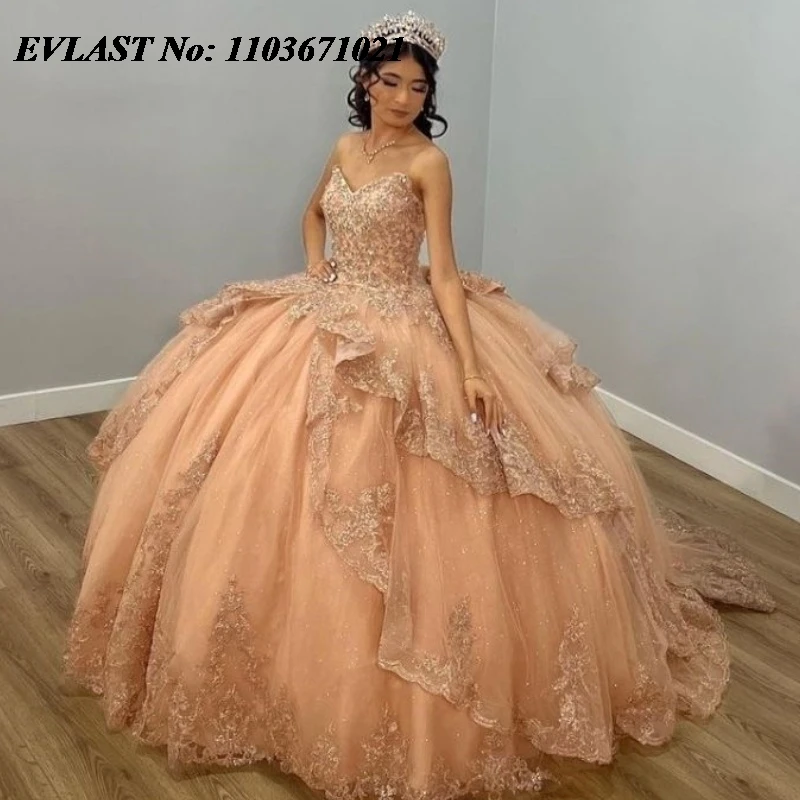 

EVLAST Мексиканское платье Quinceanera цвета шампанского, бальное платье с кружевной аппликацией и бисером, многоуровневый корсет Sweet 16, Vestidos De XV 15 Anos SQ36