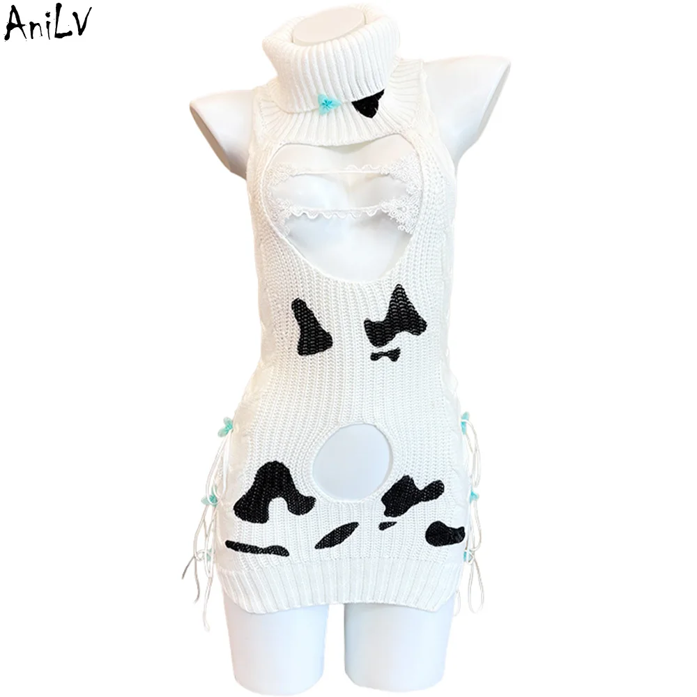 AniLV Anime Girl Cow Turtleneck Sweater Dress Maid Uniform Outfits Cosplay Costume