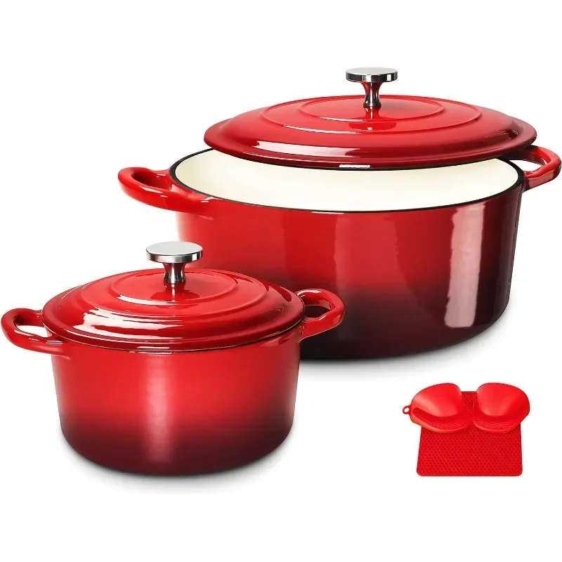 Enameled Cast Iron Dutch Oven Set with Lids, 2pcs Cast Iron Pot, 6QT & 1.5QT Enamel Cookware Pot, Red