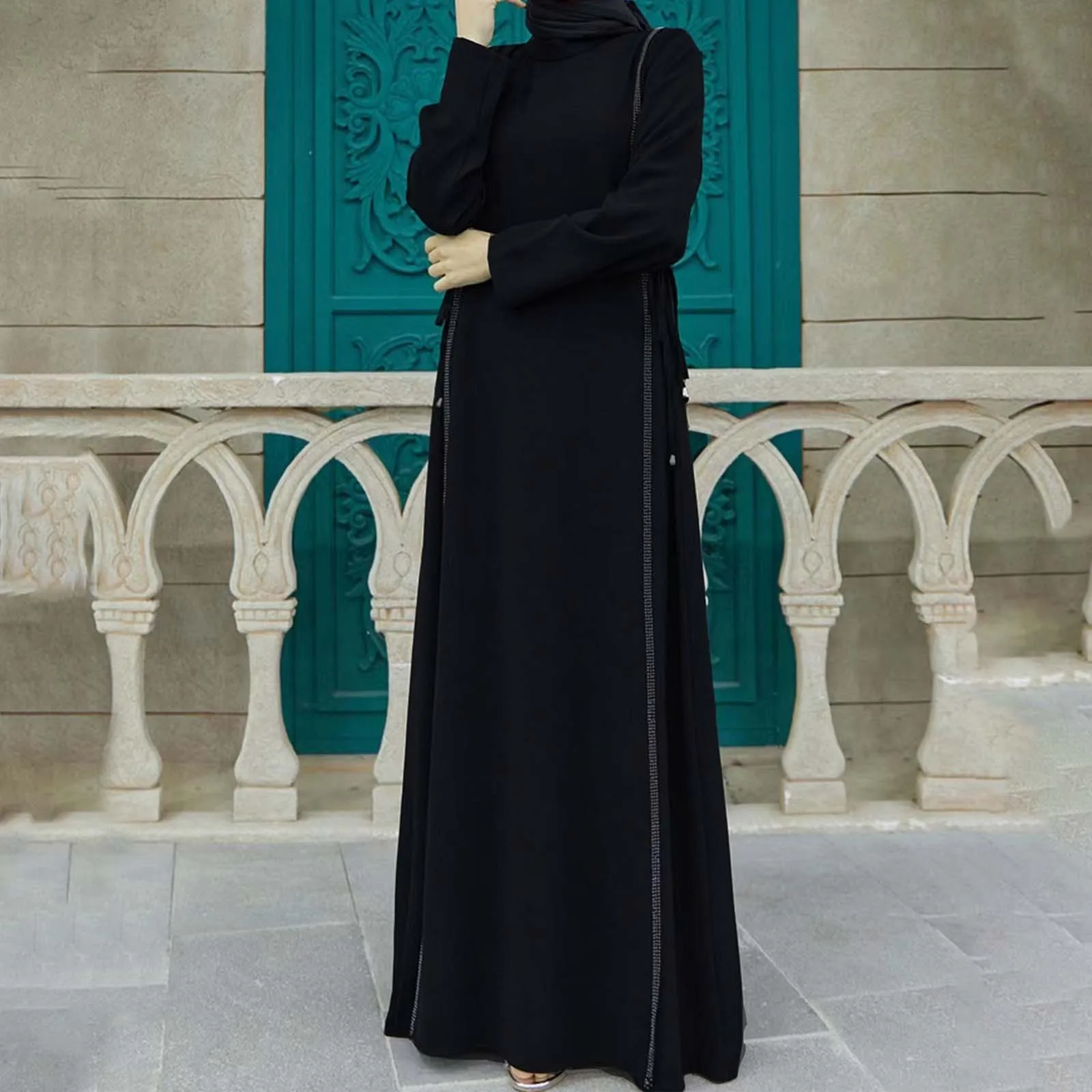 

Elegant Round Neck A Line Maxi Dress With Lace Trim For Women Perfect For Muslim Wear Solid Elegant Long Women's Muslim Dress