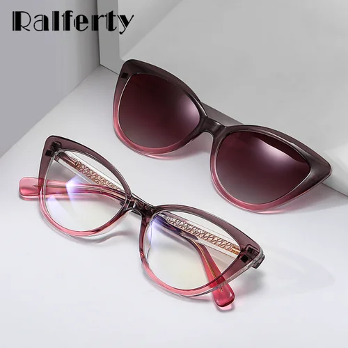 Imagen 2 del producto Ralferty 2 en 1 gafas de sol magnéticas de ojo de gato de lujo filtro de luz azul polarizado Clip-On bisagra de resorte de vidrio gafas de sol degradadas