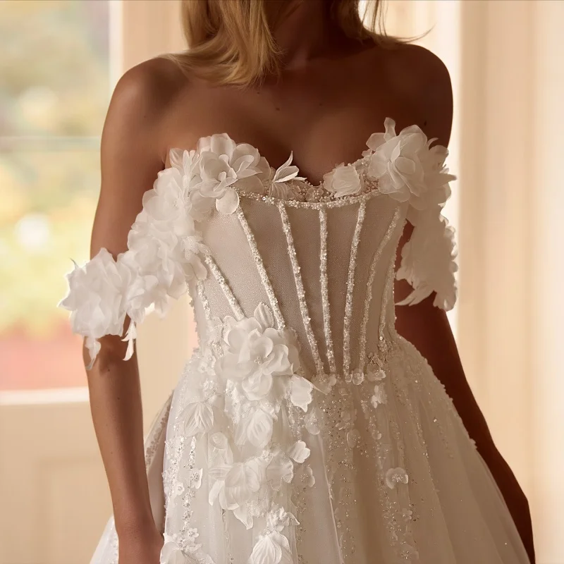 

Lace White Appliques Wedding Dresses off-shoulder A skirt 3D flower glitter decal slit Gowns Made wedding dress Customized