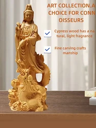 Natural Wood Dragon Guanyin Buddha Statue, Traditional Hand-carved Chinese Buddhist Figures Home Living Room Feng Shui Statue