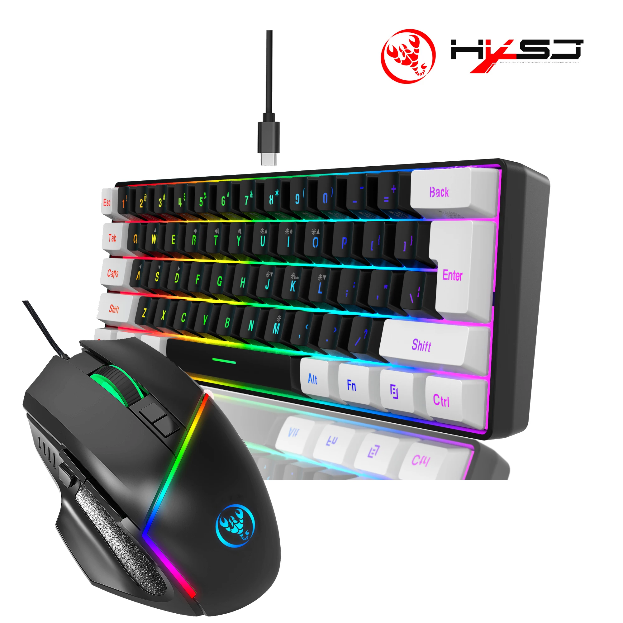 2024 New design HXSJ 60% mini gaming keyboard and mouse combos ergonomic RGB 12800DPI macro programmable mouse for computer