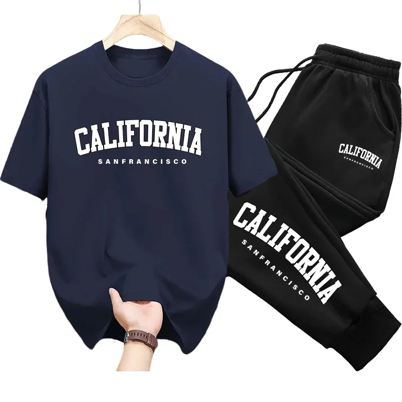 

California Print T-shirt Trousers Spring Summer Man Daily Casual Sporty Outfit Male Urban Fashion Tracksuit Gym Fitness 2pcs Set