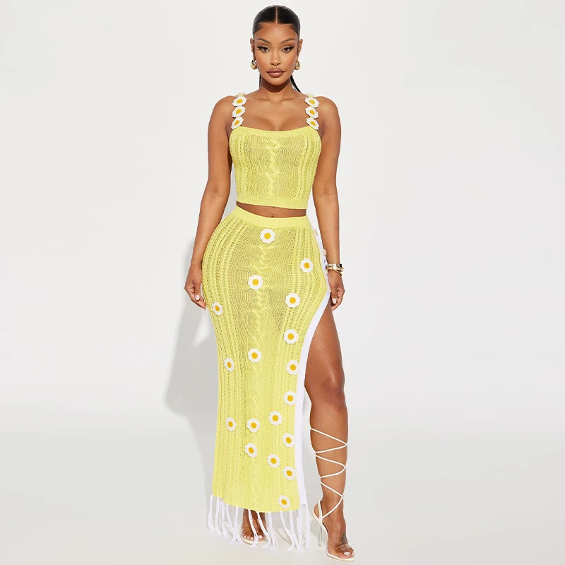 

3D Flower Camisole Top High-Split Skirt Set Knitted Hollowed Out Tassel Trim 2 Piece Set 2025 Summer Women Fashion Chic Clothing