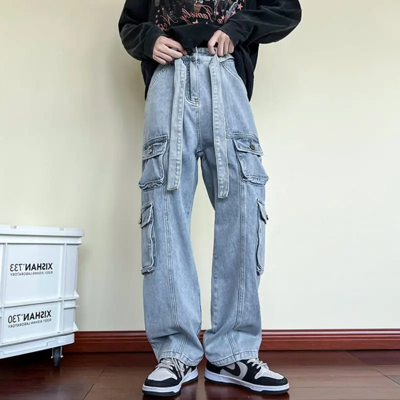 Men's Autumn Winter Multi Pocket Work Jeans Fashion Ruffian Handsome Hip Hop Loose Denim Pants