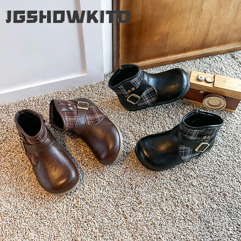 JGSHOWKITO Kids Girls Winter Ankle Boots Outdoor Toddlers Patchwork Cotton Boots Warm Round-toe Children's Fashion Plush Boots