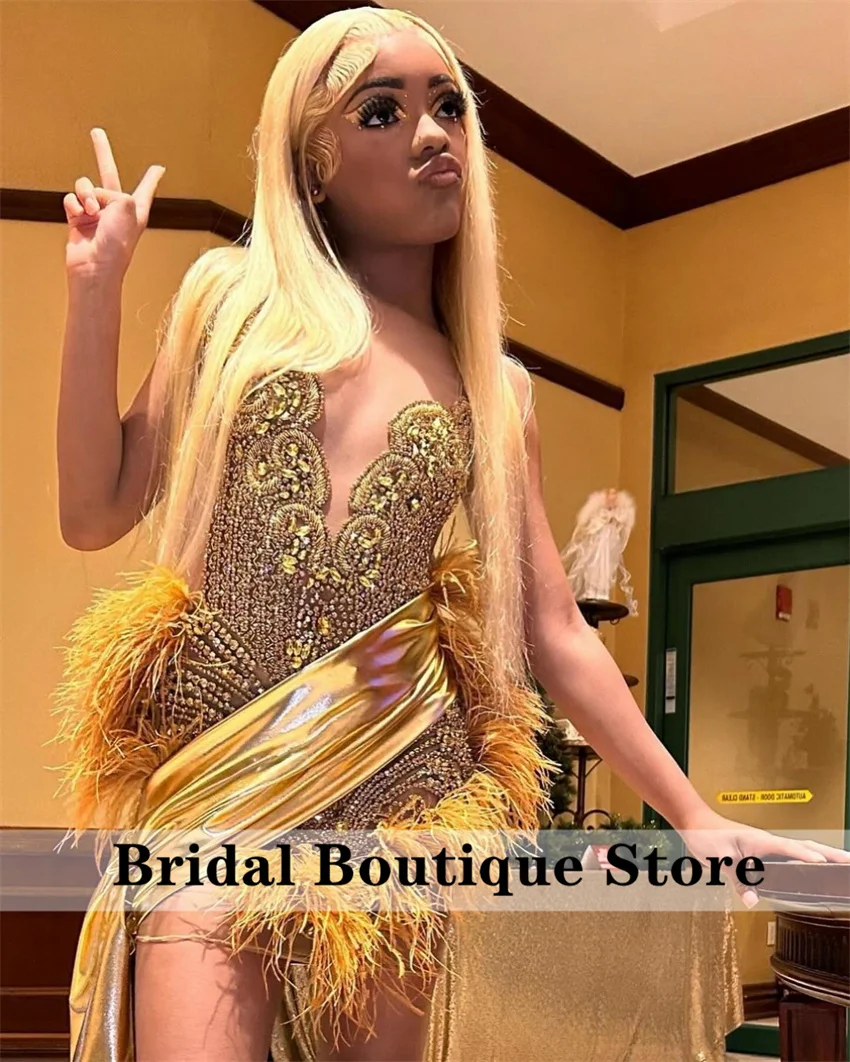 New Design Gold Diamond Prom Dress Luxury Beads Crystal Feathers Birthday Party Cocktail Homecoming Gowns Customized