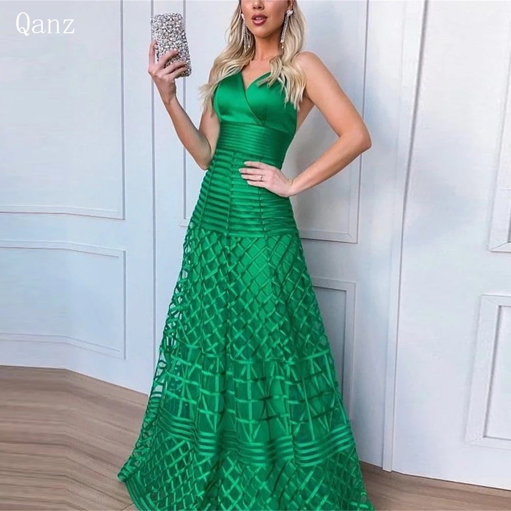 Qanz Green Prom Dresses Spaghetti Straps Long A Line Tulle Evening Dresses For Women Luxury Party Gown 2024 Customized