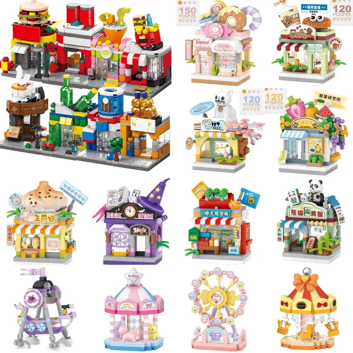 LOZ Panda Pet Restaurant Dessert Coffee Pet Fruit Store Street View Food House Animal Building Blocks Kit Bricks Model Toy