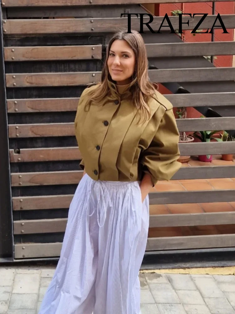 

TRAFZA Women's New Fashion Versatile Single Breasted Pleated Coat Female Chic Casual High Street Long Sleeve Short Jacket Mujer