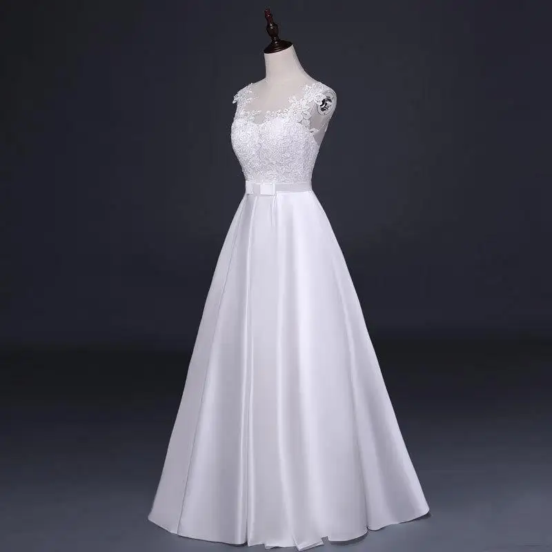 Scoop Neck Simple Satin Wedding Dresses Cheap Elegant Bridal Gowns Lace Appliqued Bride Dress Formal Party Dress Robe De Mariee