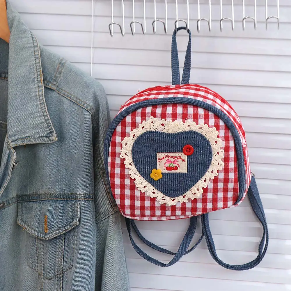 Zaino in tessuto vintage con reticolo Mini borsa a tracolla in denim stile rurale Zaino a cuore scozzese per studenti