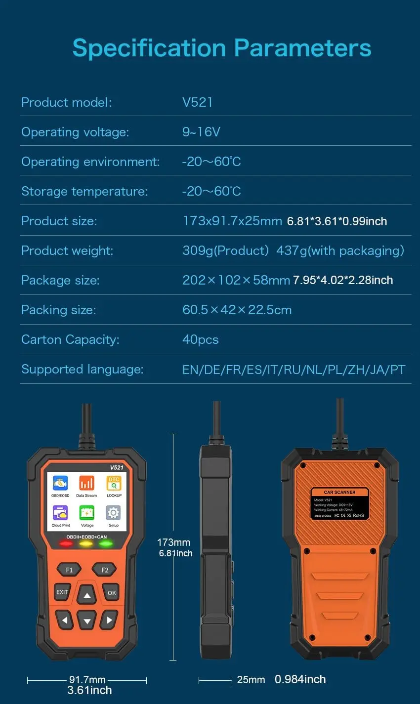 أداة تشخيص السيارة الماسح الضوئي OBD2 لقارئ رمز ضوء المحرك (1996+)