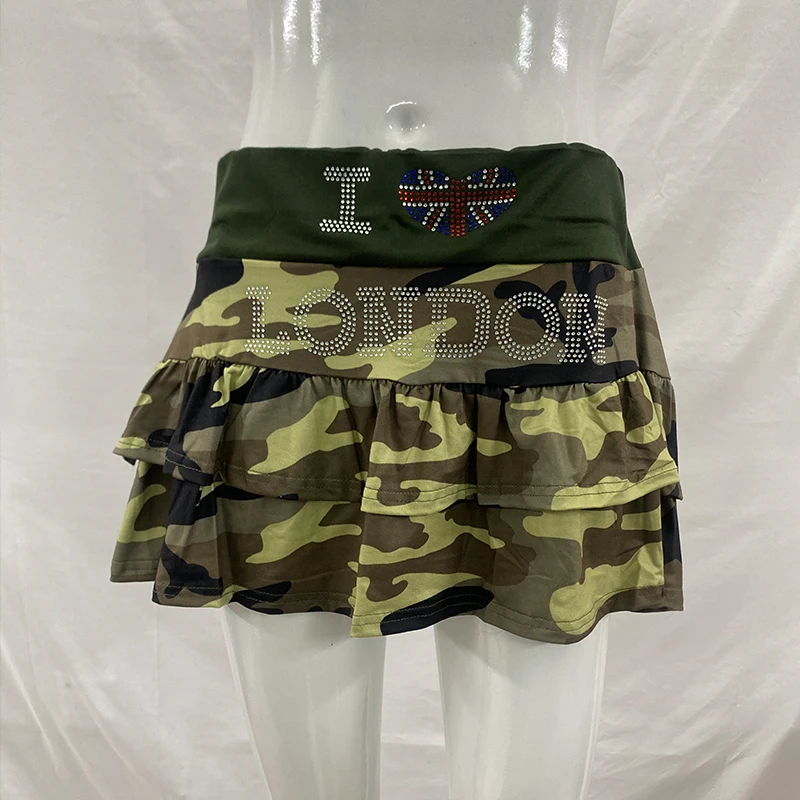 Harajuku American Sexy Spice Girl Cascade Cake Skirt Fashion Casual High Waist Skirt Summer Camouflage Letters Rhinestone Skirt