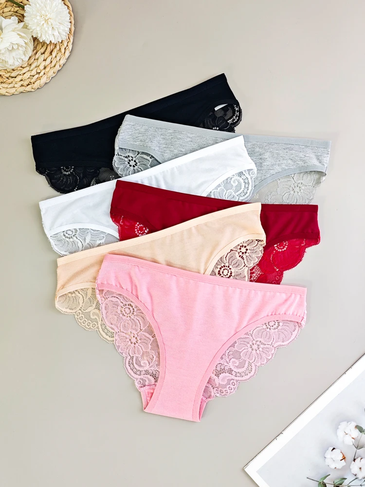 ALDOLA 6PCS/Set Solid Seamless Floral Lace Briefs Sexy Stretchy Intimates Panties Women's Lingerie Underwear