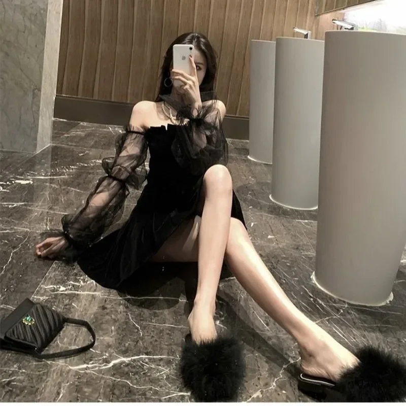 New 2022 Black Retro Dress Women Lace Chiffon Mini Dress Female High Street Sexy Korean Fashion Dress Women Club Dress