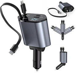 4 in 1 Retractable Car Charger, 100W Quick Charge with 2 USB Port, Retractable Iphone Charger & Tap-c Charger, Retractable Cable