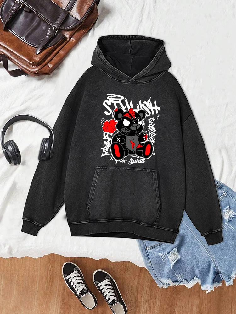 Graffiti Teddybär bedruckt weiblich Distressed Vintage Hoodie Herbst warme Baumwolle Kleidung Mode bequem vielseitig mit Kapuze