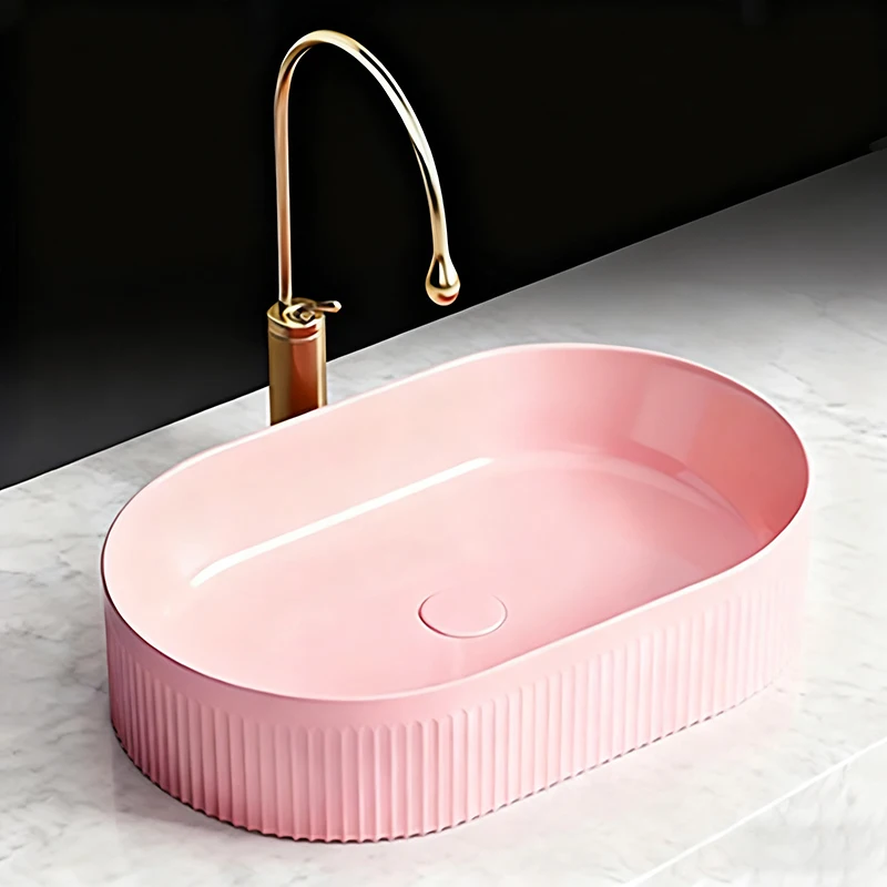 Modern Ceramic Vessel Sink Pink Bathroom Basin Art Wash Bowl Countertop Bathroom Bowl Sink Above Counter with Drain Accessories