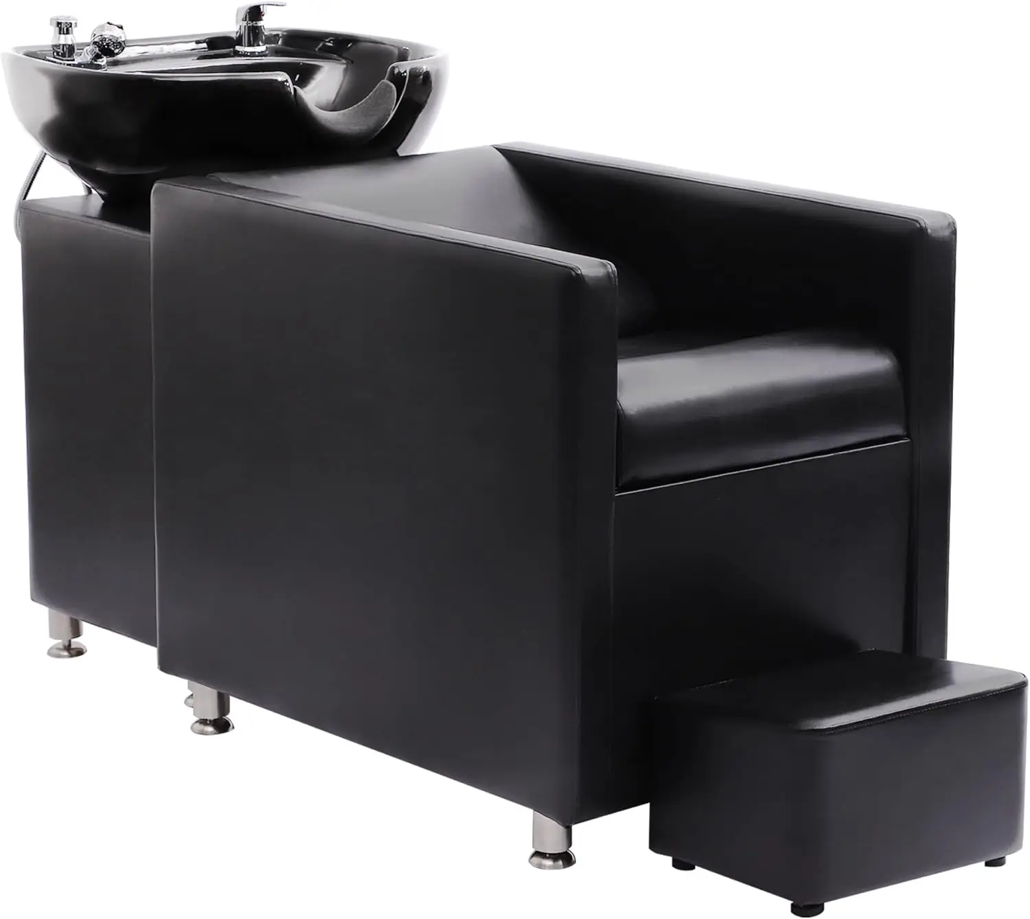 

Shampoo Backwash Unit, Shampoo Bowl and Chair Set with Ceramic Sink, Reclining Shampoo Station with Footrest, Black
