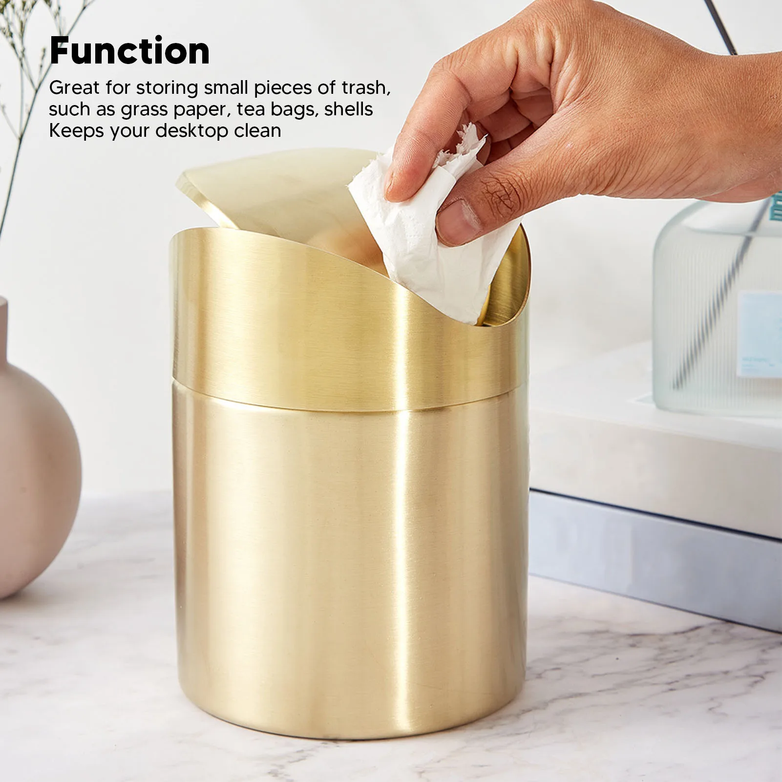 Mini Countertop Trash Can Desktop Trash Can Space Saving Fingerprint Proof 304 Stainless Steel  for Office for Pericarp