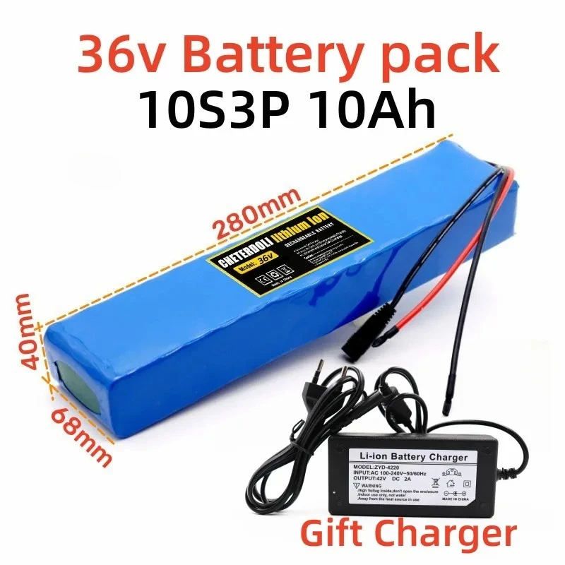 

36V 10Ah 18650 Rechargeable Lithium Battery Pack 10S3P 500W with BMS for Bicycle Scooter Battery Pack+Charger