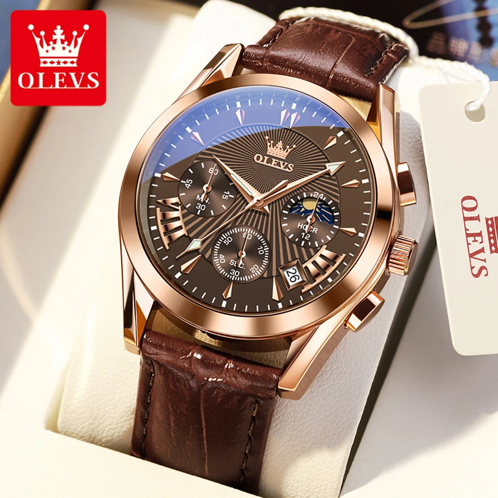 

OLEVS 2876 Genuine Leather Strap Quartz Watches for Men Waterproof Chronograph Moon Phase Auto Date Luxury Top Men's Wrist Watch