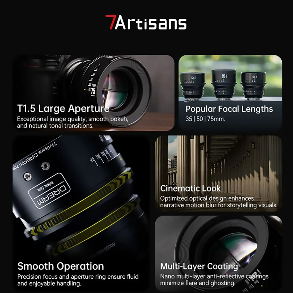 7artisans 35mm T1.5 Full Frame Manual Focus Mirrorless Cine Lens compatible with Sony E Nikon Z Canon RF Leica L