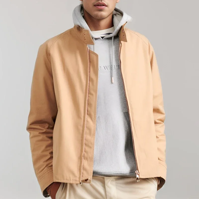

Vintage Stand Collar Zipper Jackets Men New Fashion Solid Color Long Sleeve Coat Mens Autumn Daily Casual Outerwear Male Jacket