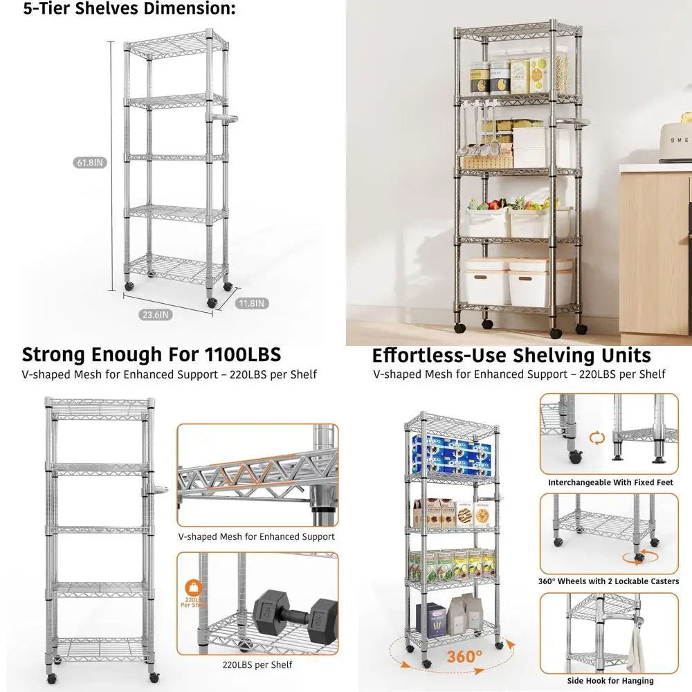 

5-Tier Rolling Metal Storage Rack, 220 lbs Capacity, Adjustable Shelving Unit for Home, Garage, Office - Silver