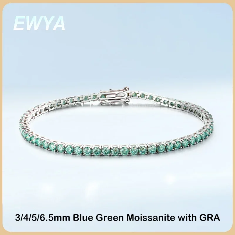 EWYA Real 3/4/5/6.5MM Full Red Blue Green Moissanite Tennis Bracelet for Men Women S925 Pass Diamond Test Hand Link Bracelets