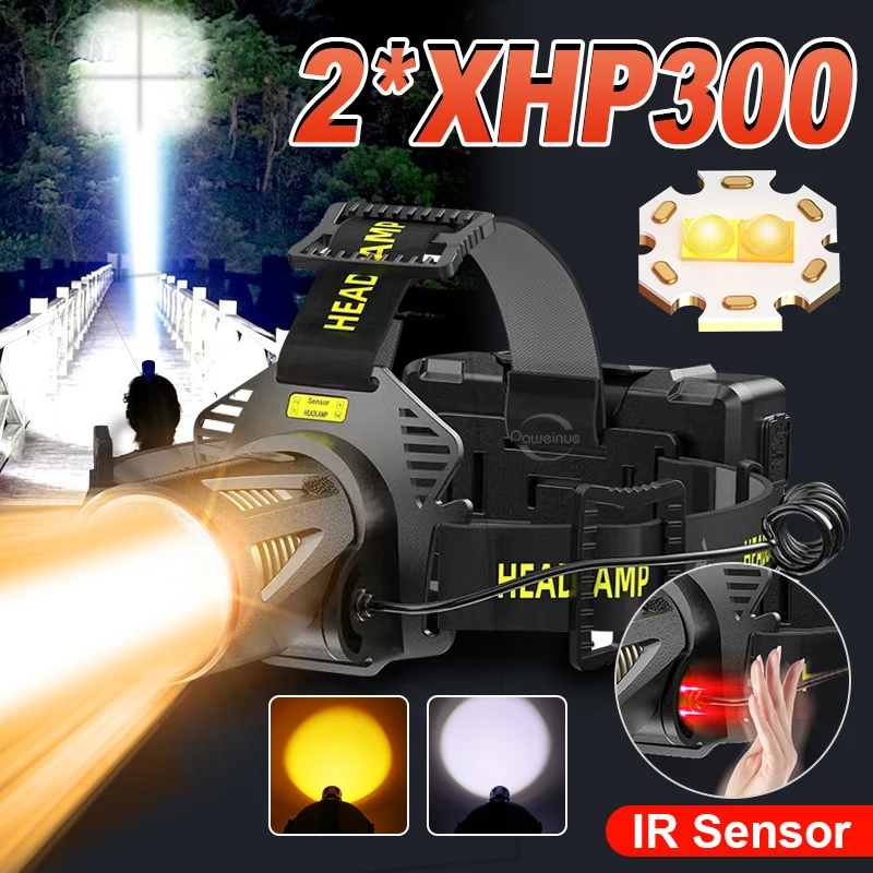 Newest 2*XHP300 Headlamp High Power USB Rechargeable Head Flashlights Sensor Long Shot Head LED Light Fishing Hunting Headlights