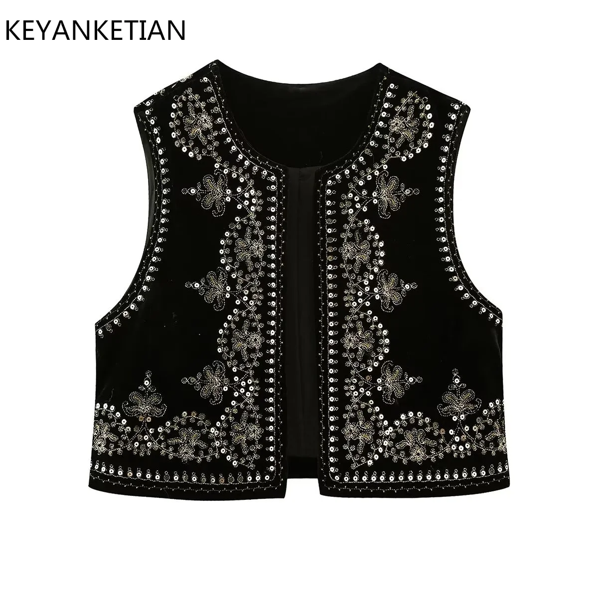 KEYANKETIAN Spring New Tribal Ethnic Wind Sequin Floral Embroidery Velvet Texture Buckless Vest Women's Short Top Thin Outerwear