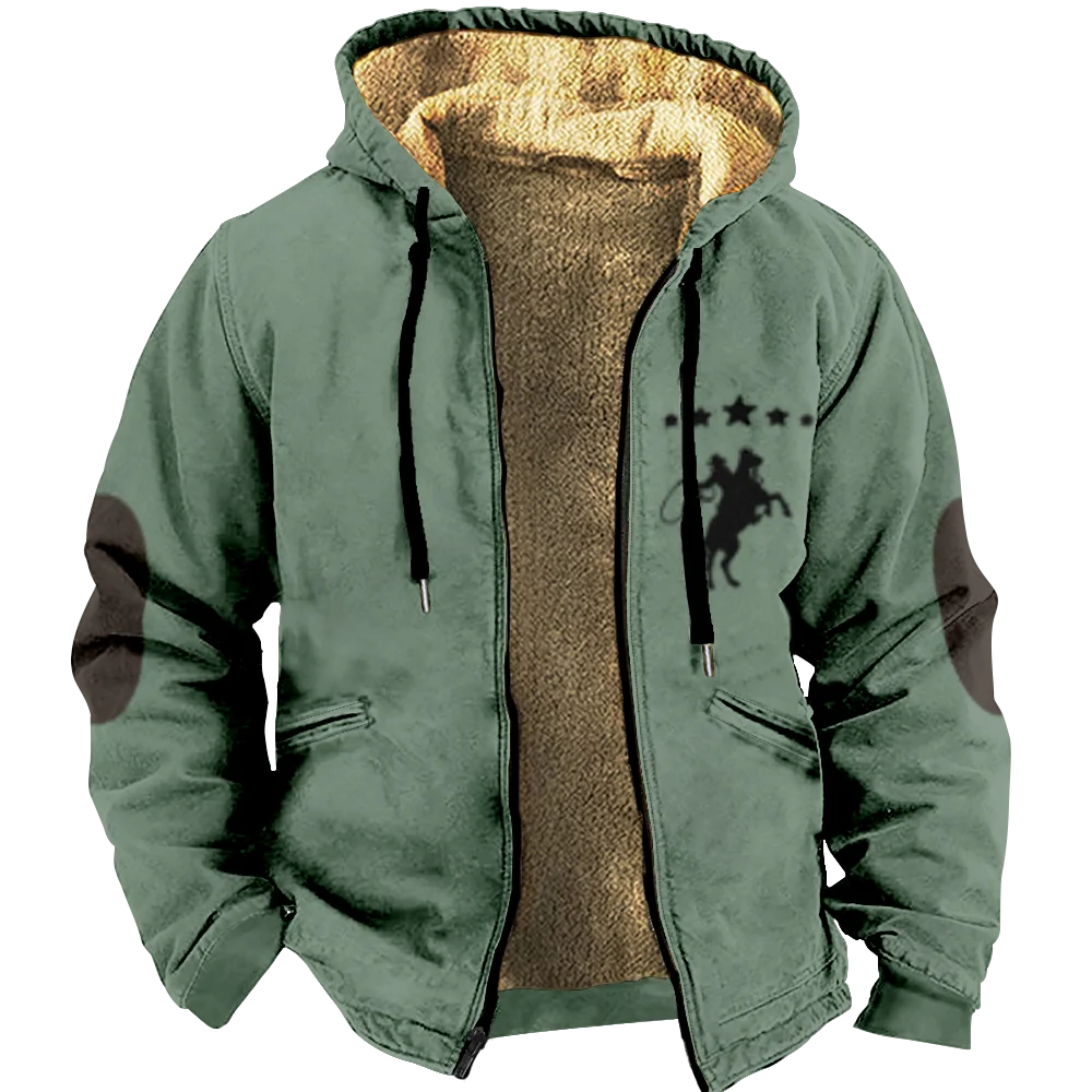 Homens e mulheres Cowboy Denim padrão manga comprida com zíper Hoodies, roupa grossa, moletom, jaqueta, Casacos, inverno