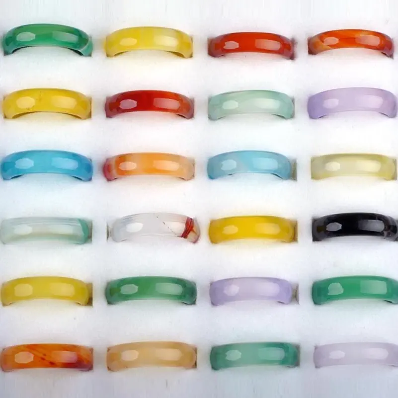 Wholesale 10pcs/Lot White Natural Agate Stone Rings Simple Smooth Round Finger Rings for Women Wedding Band Trendy Jewelry