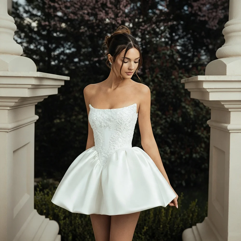 Wedding Dresses White Strapless Lace Satin Mini Bubble Skirt Short Bridal Gowns for Cocktail Party Civil Wedding Reception Dress