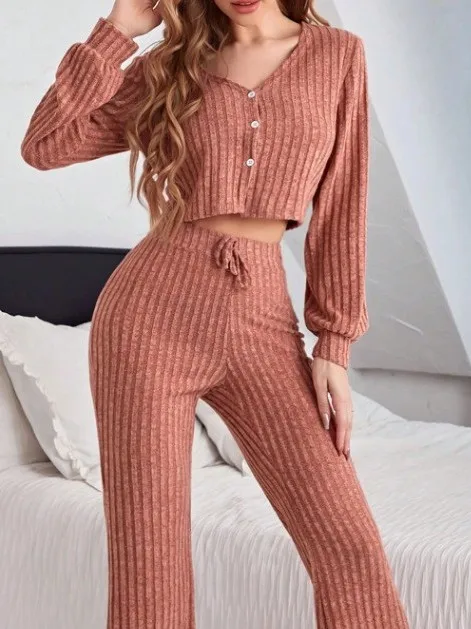 

Осенний комплект из комбинезона на пуговицах Long Sve, повседневный топ и брюки для домашнего комфорта, средние тонкие длинные брюки, универсальное использование