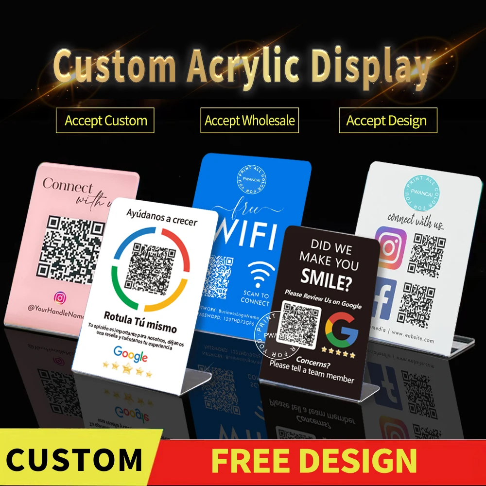 

Изготовленный на заказ дисплей QR-кода Google Review Акрилатный знак для демонстрации бизнес-социальной сети или знак оплаты с логотипом QR для хорошего обзора