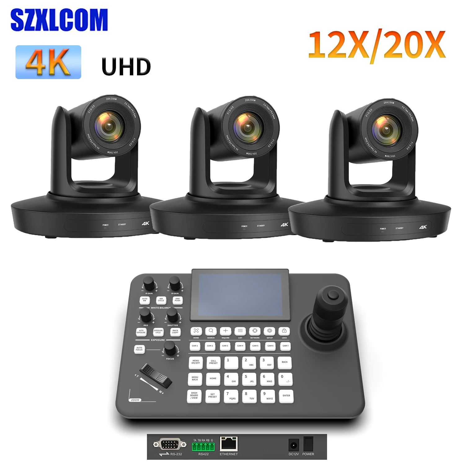 3-Pack 4K UHD PTZ Camera 12X/20X Zoom + PTZ Controller for Live Streaming Video Conference Church Event